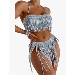 Women's Size Medium Holographic Sequin Fringe Tassel Skirt Tube Bra Bikini